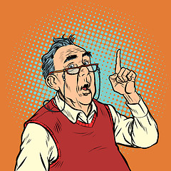 Image showing surprise elderly man with glasses attention gesture index finger up