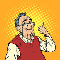 Image showing joyful elderly man with glasses thumb up like