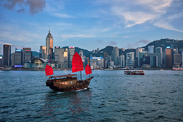 Image showing Junk boat in Hong Kong Victoria Harbour