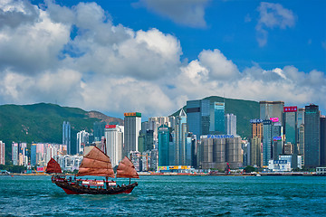 Image showing Junk boat in Hong Kong Victoria Harbour