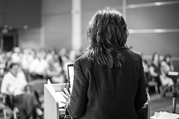 Image showing Public speaker giving talk at Business Event.