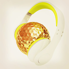 Image showing Gold Golf Ball With headphones. 3d illustration. Vintage style