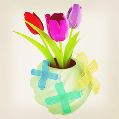 Image showing Fresh spring tulips in a vase vith ribbon. 3d illustration. Vint