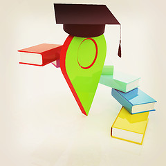 Image showing Pointer of education in graduation hat with books around. 3d ill