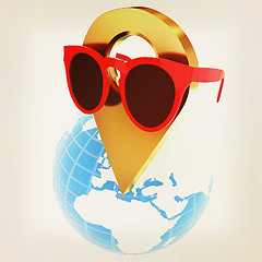 Image showing Glamour map pointer in sunglasses on Earth. 3d illustration. Vin