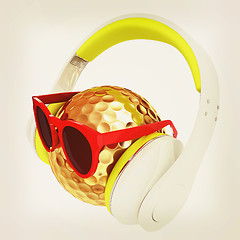 Image showing Gold Golf Ball With Sunglasses and headphones. 3d illustration. 