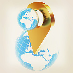 Image showing Planet Earth and golden map pins icon on Earth. 3d illustration.