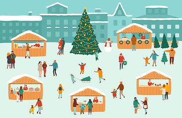 Image showing Vector illustration of a Christmas market or holiday outdoor fair on town square