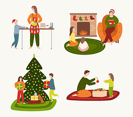 Image showing A set of people involved in preparing for the winter holidays and resting at home.