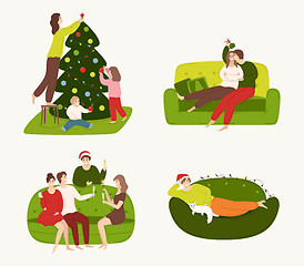 Image showing A set of people involved in preparing for the winter holidays and resting at home.