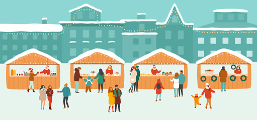 Image showing Vector illustration of a Christmas market or holiday outdoor fair on town square