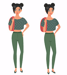 Image showing Young pretty girl. Front, 3 4 view. Cartoon style, vector illustration.