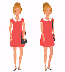 Image showing Young pretty girl. Front, 3 4 view. Cartoon style, vector illustration.