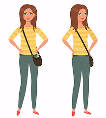 Image showing Young pretty girl. Front, 3 4 view. Cartoon style, vector illustration.