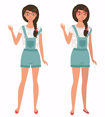 Image showing Young pretty girl. Front, 3 4 view. Cartoon style, vector illustration.