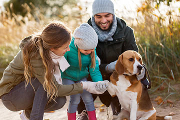 Image showing happy family with beagle dog outdoors in autumn