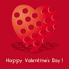 Image showing Valentine card with red heart with holes on red background