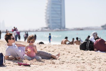 Image showing Mom and daughter on the beach