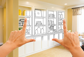 Image showing Hands Framing Custom Built-in Shelves and Cabinets Design Drawin