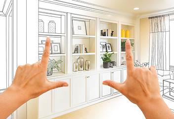 Image showing Hands Framing Custom Built-in Shelves and Cabinets Design Drawin