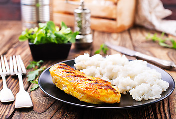 Image showing boiled rice with fried chicken breast