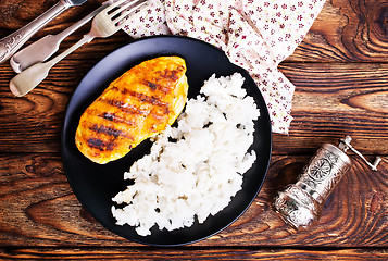 Image showing boiled rice with fried chicken breast