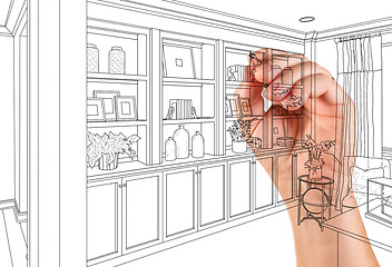 Image showing Hand Drawing Home Built-in Shelves and Cabinets on White