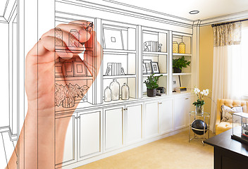 Image showing Hand Drawing Home Built-in Shelves and Cabinets with Photo Cross