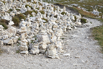 Image showing Manmade stone pyramides in Dolomite Alps