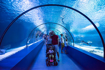 Image showing happy family  in the underwater aquarium