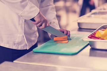 Image showing Chef hands cutting fresh and delicious vegetables