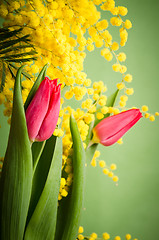 Image showing Spring bouquet with mimosa and tulips