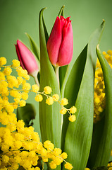 Image showing Spring bouquet with mimosa and tulips