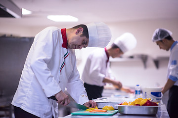 Image showing Chef cutting fresh and delicious vegetables