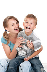 Image showing Mom and son playing with Joystick