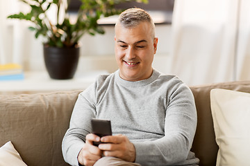 Image showing man with smartphone sitting on sofa at home