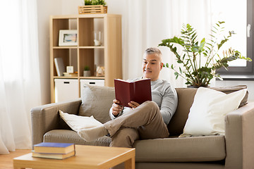 Image showing man sitting on sofa and reading book at home