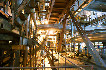 Image showing Pipes, tubes, machinery and steam turbine at a power plant