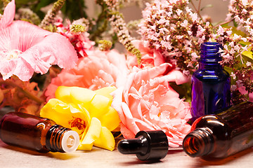 Image showing flowers and bottles of essential oils for aromatherapy