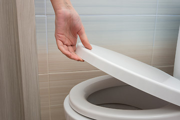 Image showing The hand closes or opens the toilet lid