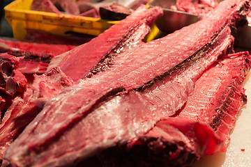 Image showing fresh tuna fish or seafood at japanese street market