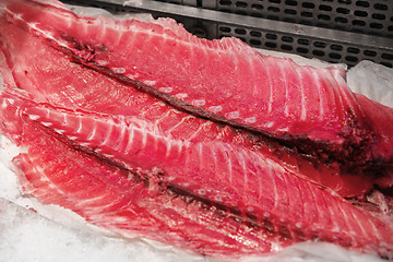 Image showing fresh tuna fish or seafood on ice at makret stall