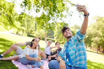 Image showing friends taking selfie by smartphone at picnic