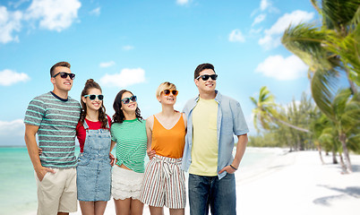 Image showing friends in sunglasses over exotic beach background