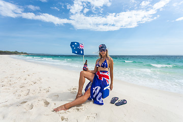 Image showing True Blue Fair Dinkum Australian girl laid back on the beach