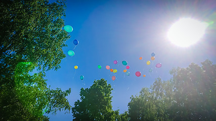 Image showing Colorful party balloons on a blue sky background