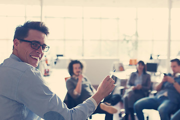 Image showing Young Business Team At A Meeting at modern office building