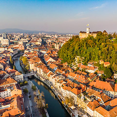 Image showing Cityscape of Ljubljana, capital of Slovenia in warm afternoon sun.