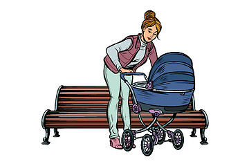 Image showing young mother with a baby carriage, park bench