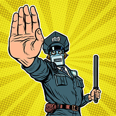 Image showing Stop hand gesture. Robot policeman